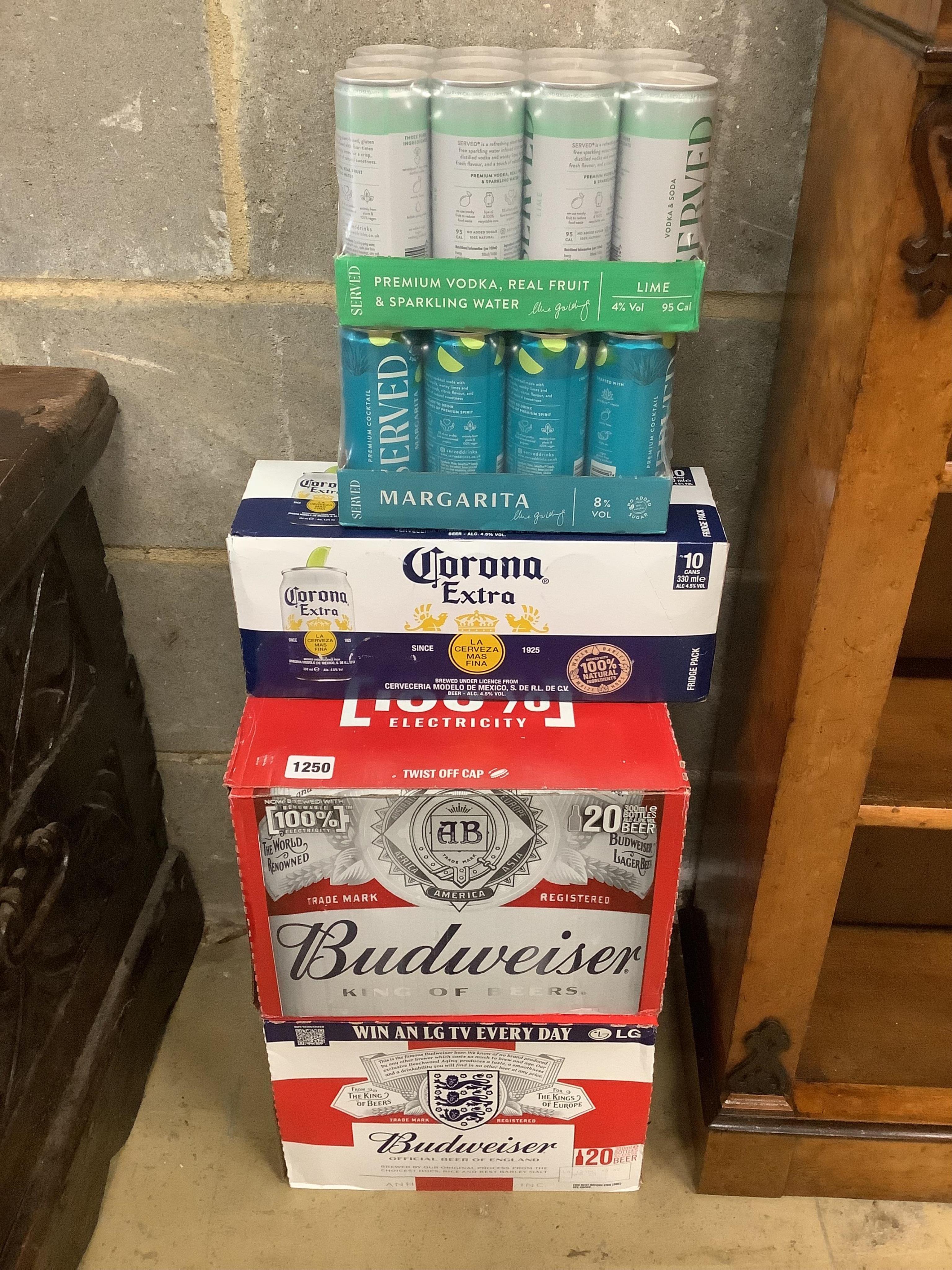 Forty 300ml bottles of Budweiser lager (two cases), ten 330ml cans of Corona Extra and two twelve pack cans of pre-mixed Margarita / Vodka Lime Hard Selzer. (Surplus stock from a local wedding event company).